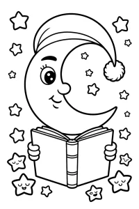 Printable coloring page - Moon in a Nightcap Reading a Book (PDF)